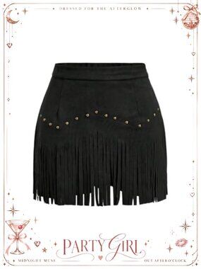 Women's Studded Fringe Mini Skirt Bodycon High Rise